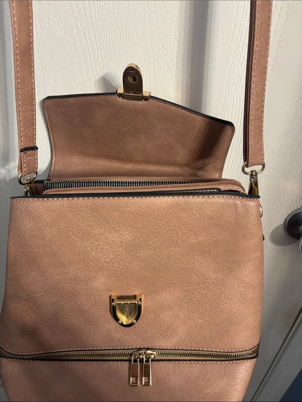 Women's Taupe Crossbody Top-Handle Bag with Gold Hardware